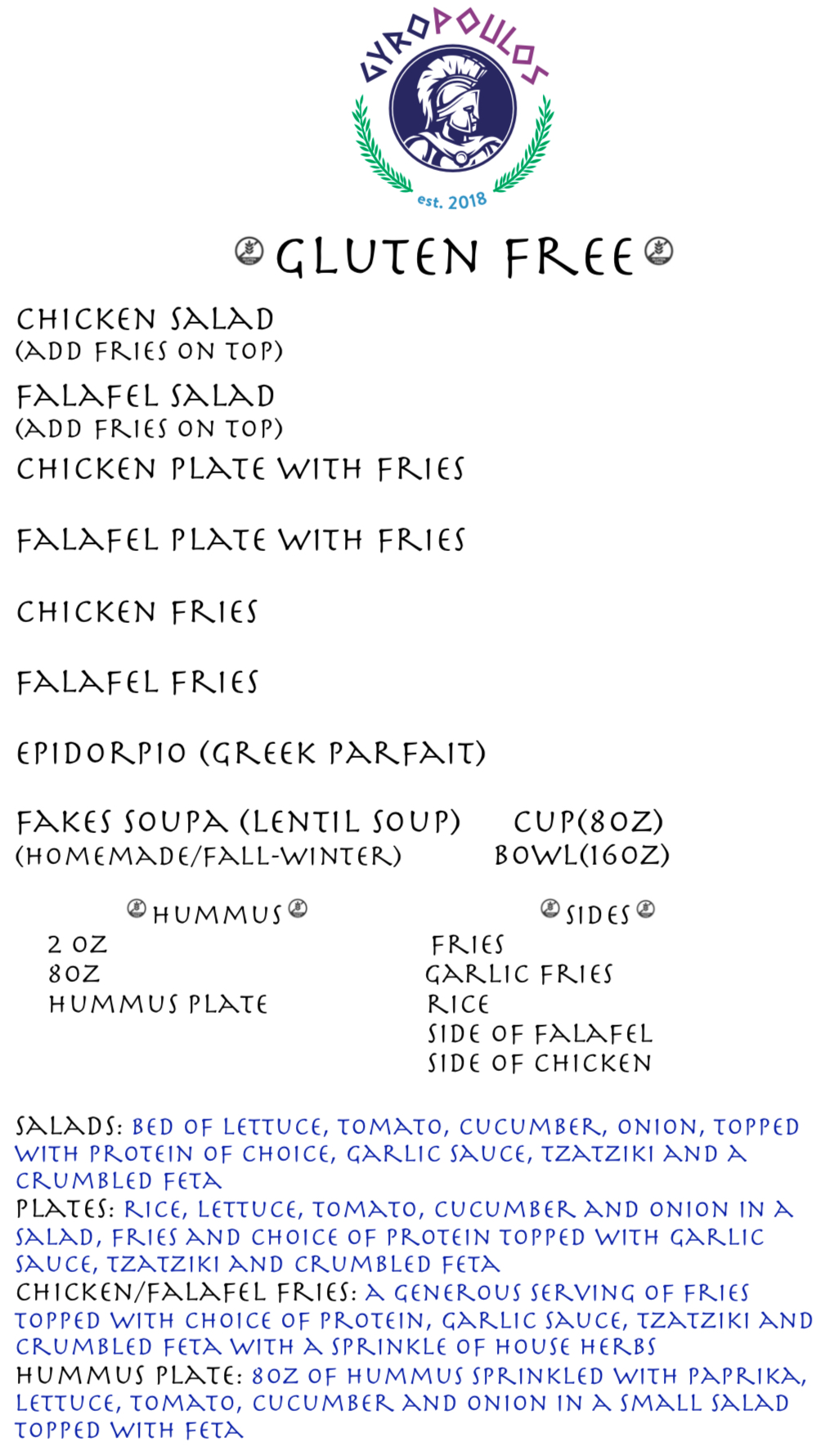 Gyropoulos Gluten Free Menu