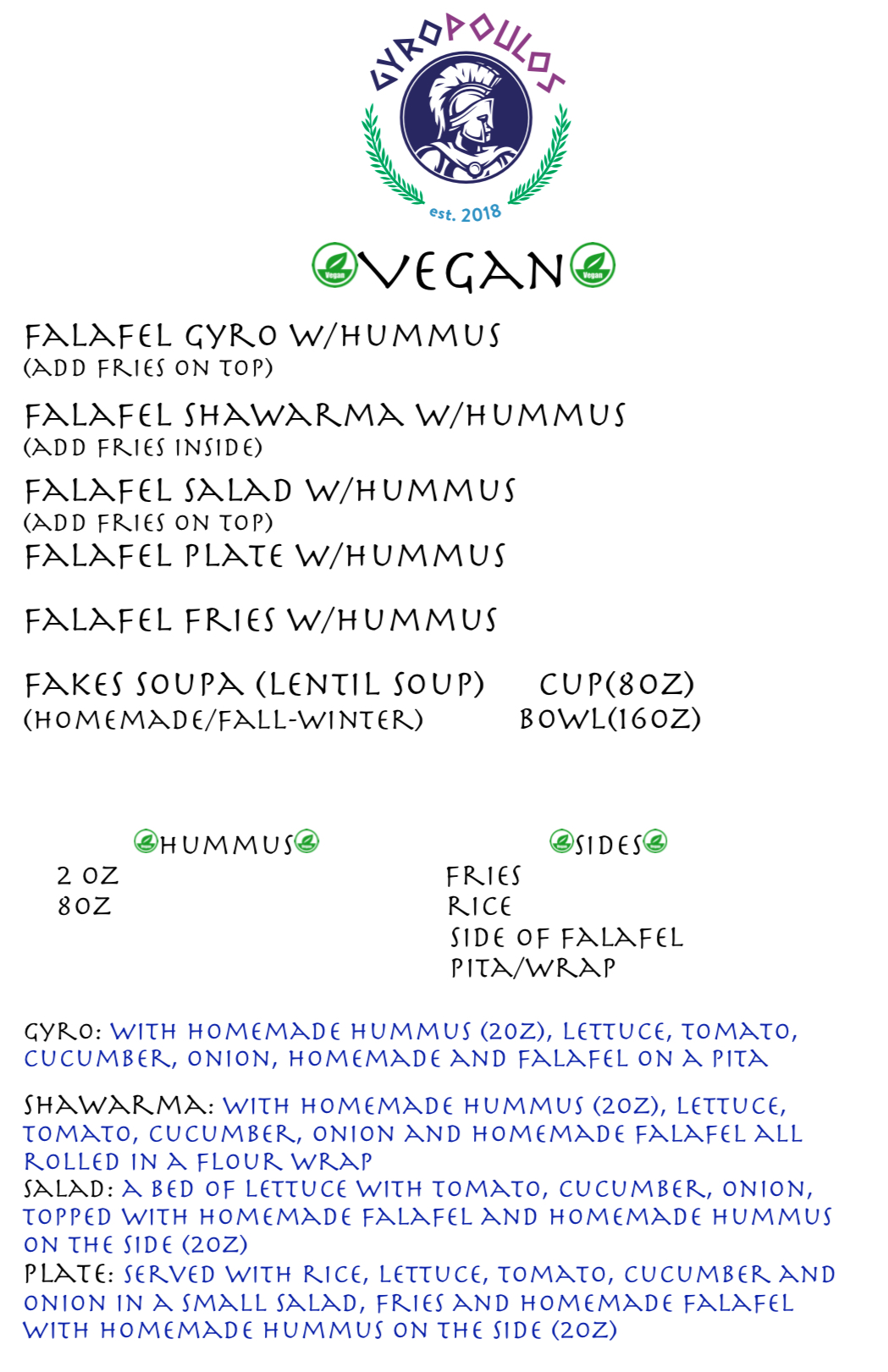 Gyropoulos Vegan Menu